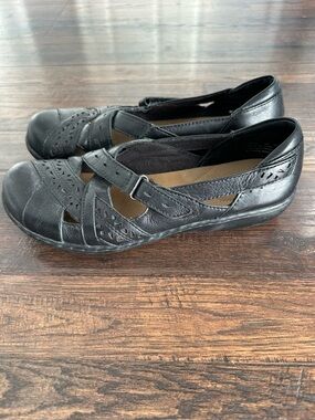 Clarks Black Leather Cutout Mary Jane Flats with Adjustable Strap